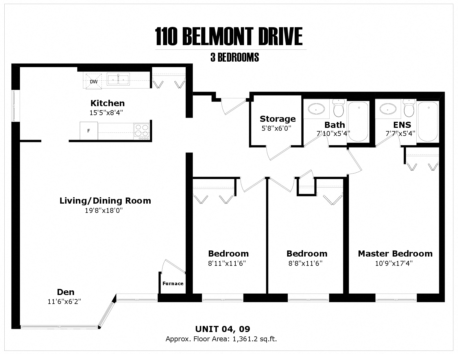 Floor plan for 3 beds, 2 baths, 1361 sqft
